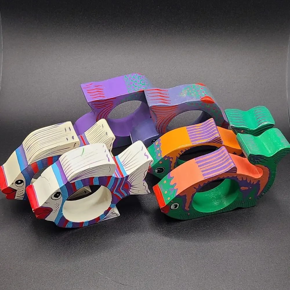 Hand Painted Colorful Festive Wood Fish Napkin Rings Set Of‎ 6